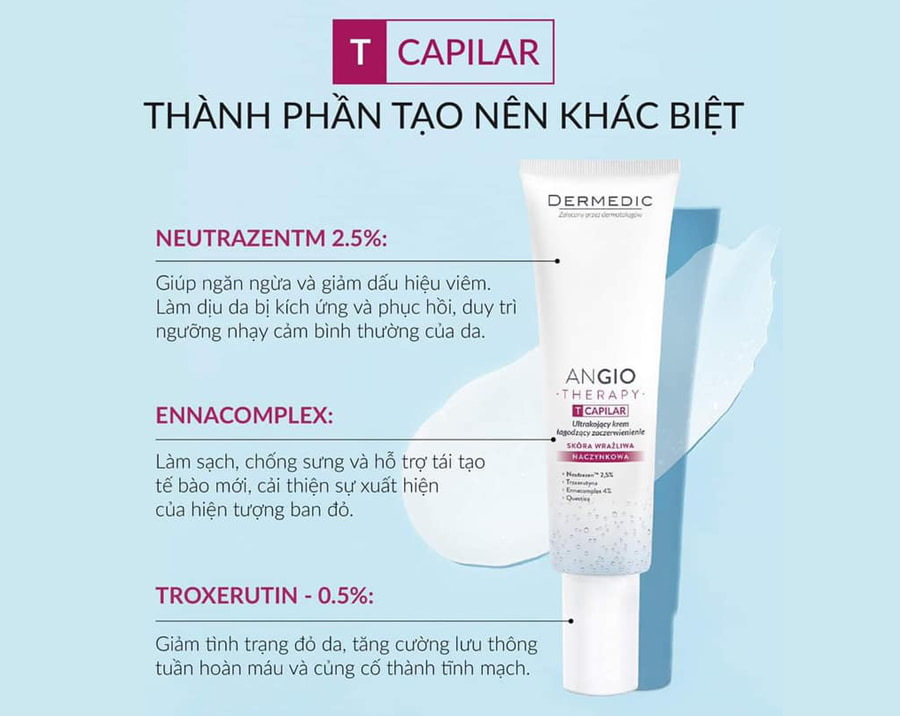 thành phần Kem dưỡng Dermedic Angio Therapy T-Capilar ultra soothing, anti-redness cream