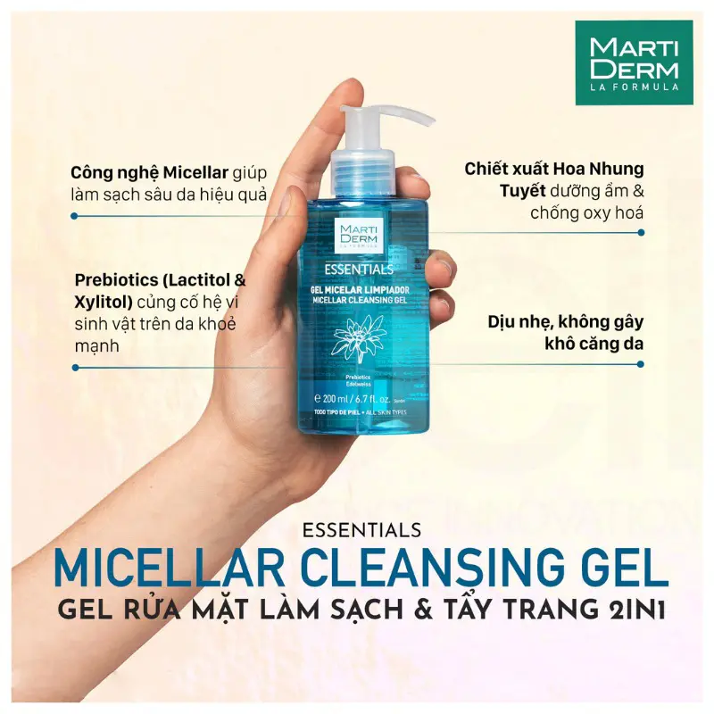 Gel rửa mặt và tẩy trang 2 trong 1 Martiderm Essentials Micellar Cleansing Gel (200ml) 2