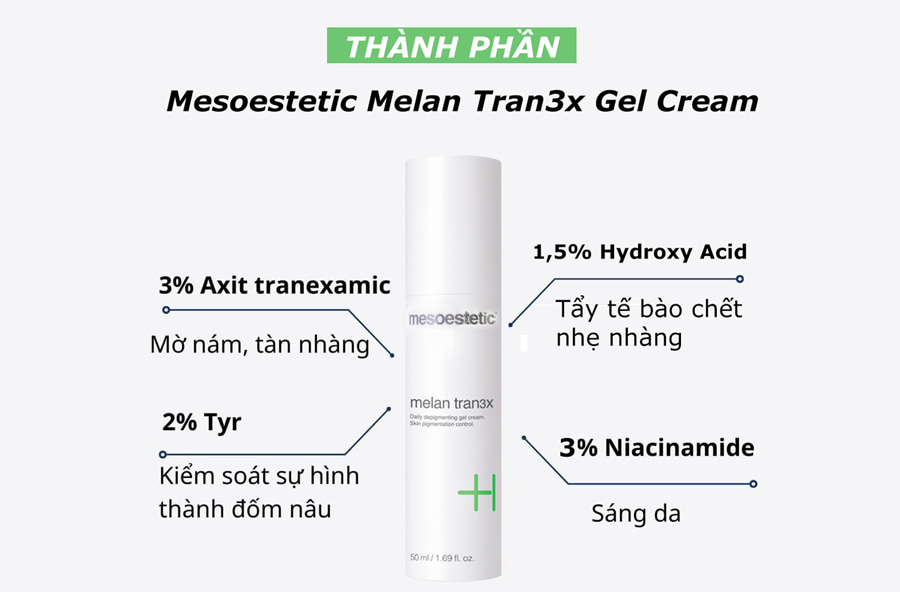 Thành phần Kem Điều Trị Tăng Sắc Tố Da Mesoestetic Melan Tran3x Gel Cream